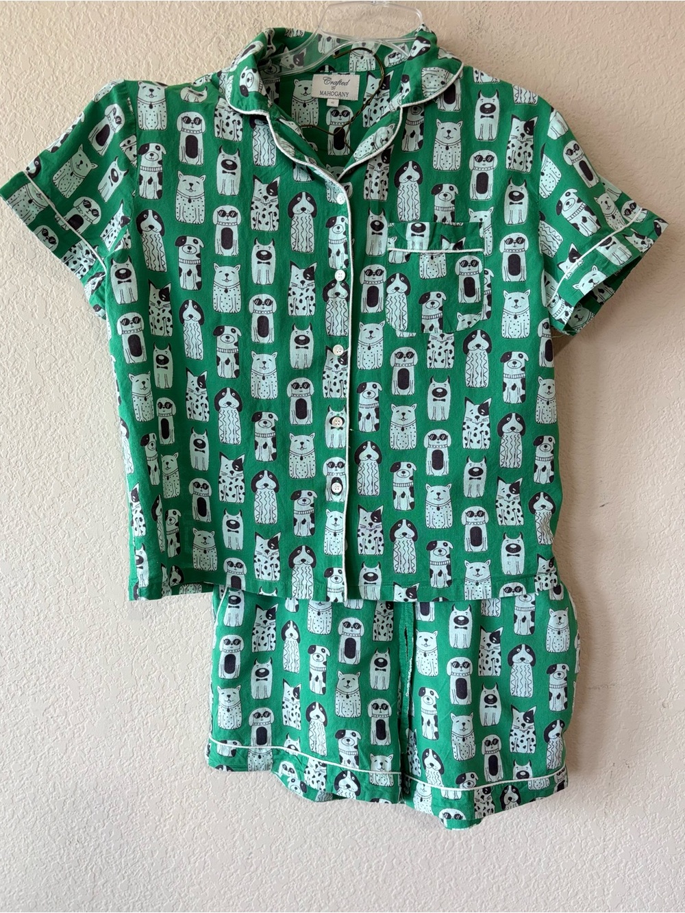 Crafted By MAHOGANY Pajama Set Size S Top & Shorts Green Dogs & Cats
